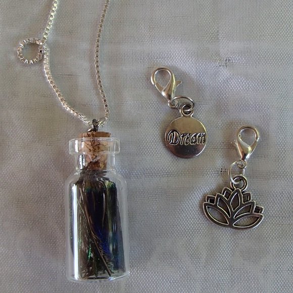 Peacock Feather Glass Bottle Necklace Buddha Hand Lotus Dream Zip Pull Handmade - Picture 3 of 15